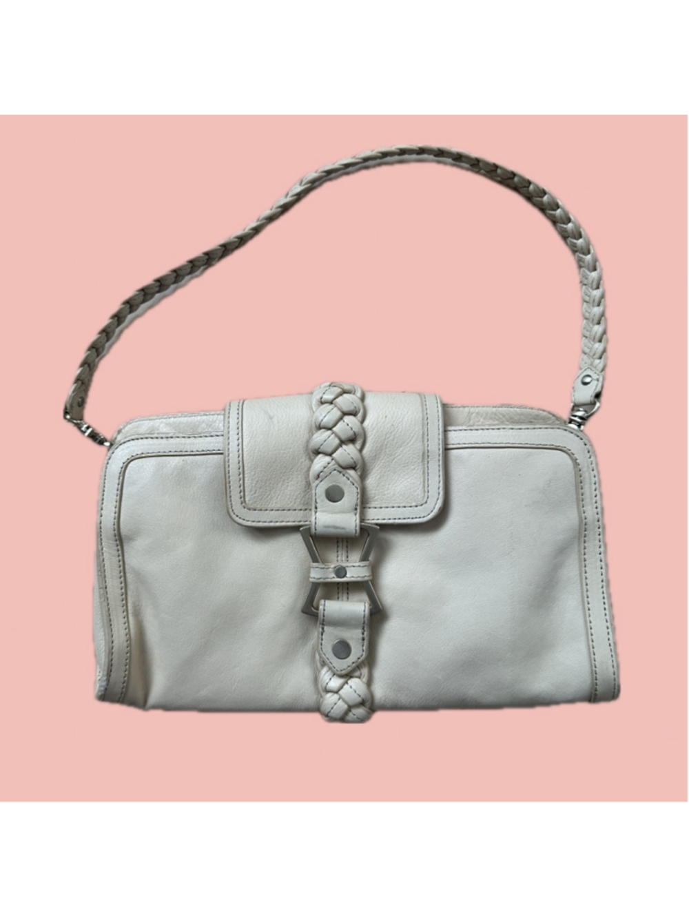 Vintage Junior Drake Cream Leather Shoulder Bag – Braided Strap Buckle Y2K